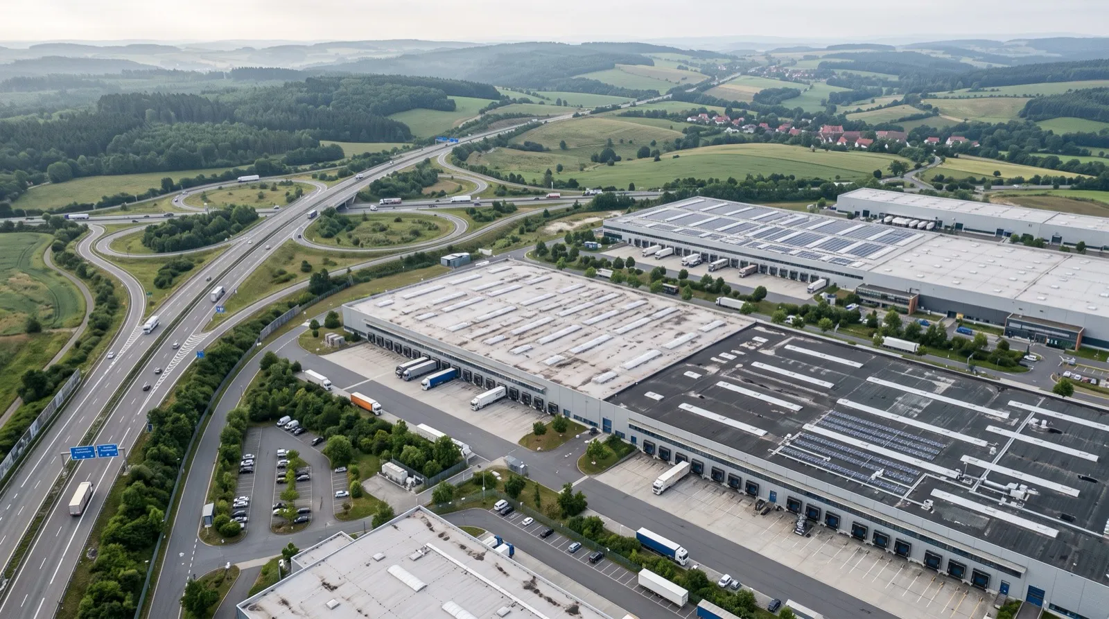 Logistikhallen mit Flachdächern an einer Autobahn in Thüringen (KI-generiertes Symbolbild)